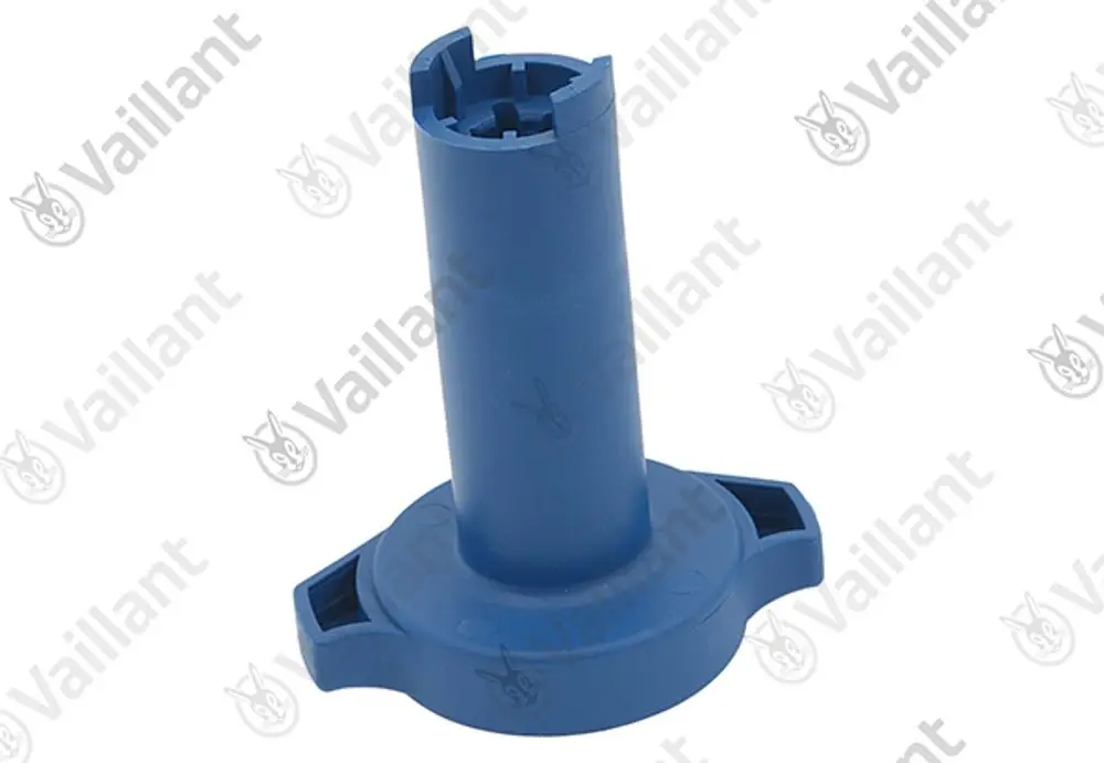 Blauer Griff für einen Hydraulikblock, sichtbar mit mehreren Einkerbungen und einer runden Basis, angeblich von der Marke Vaillant.